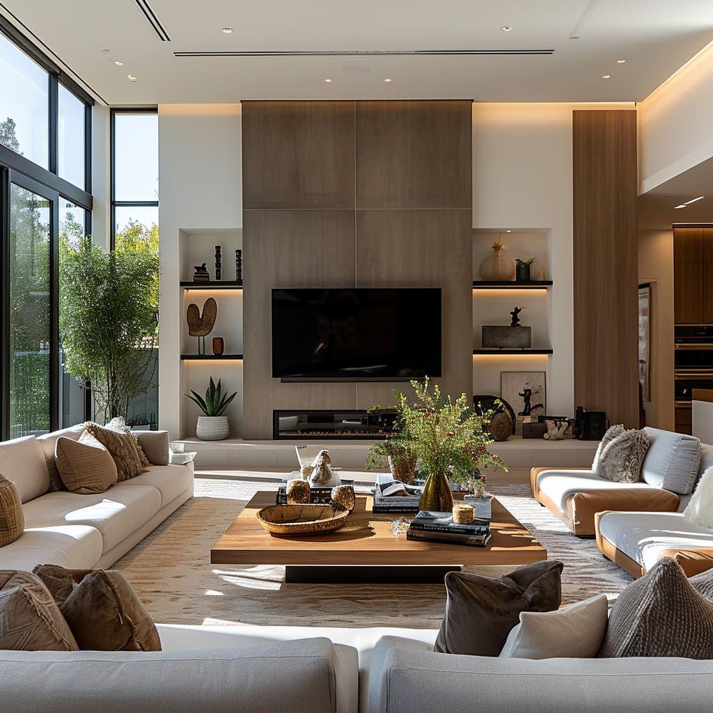 Modern living room with an integrated media wall, layered lighting and discreet audio