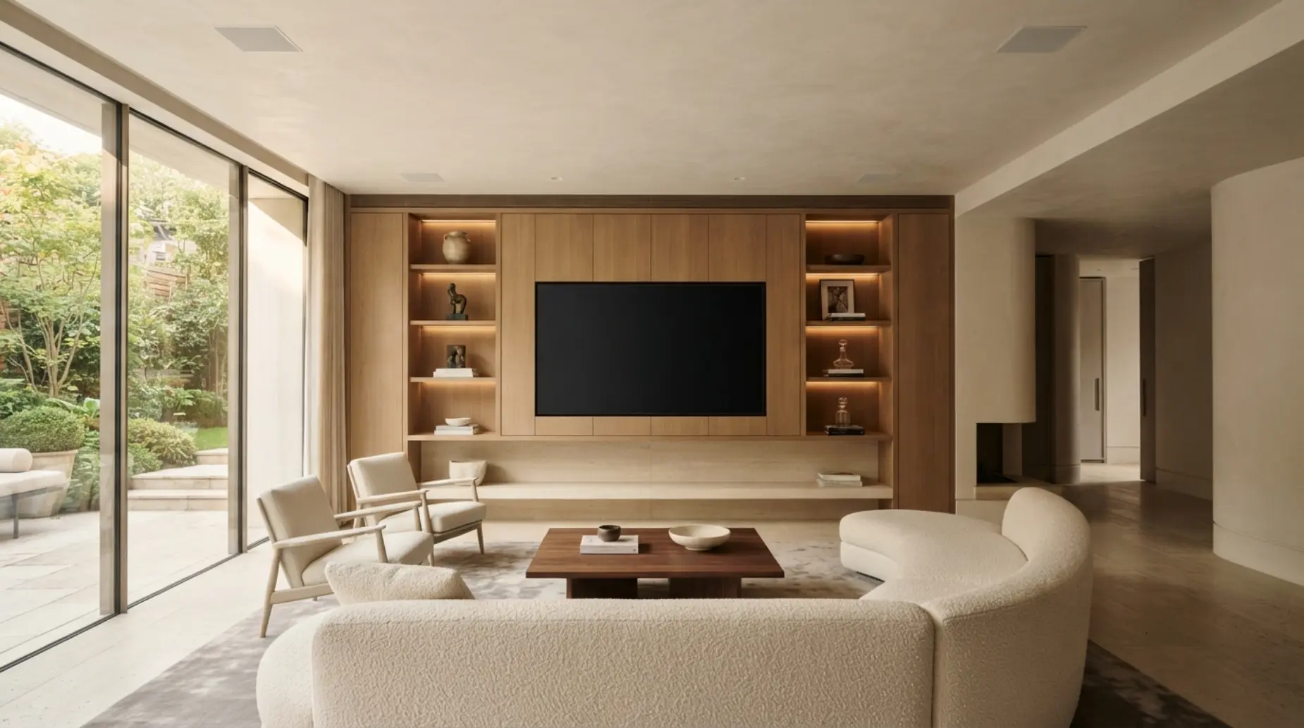 Minimal living room with an integrated oak media wall and concealed speakers