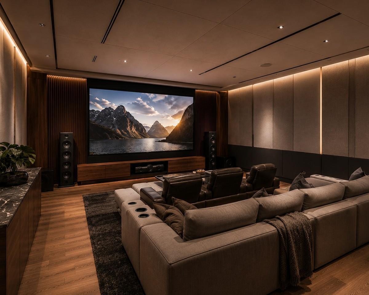 Private home theater with a large screen, tiered seating and warm cove lighting