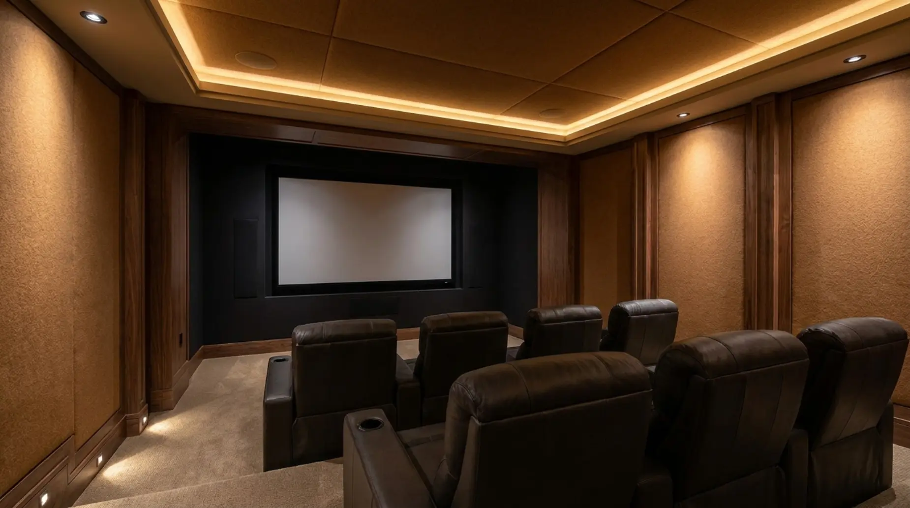 Luxury private home theater with warm architectural lighting