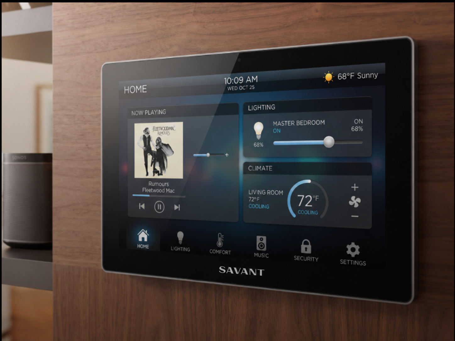 Wall-mounted smart control touchscreen managing lighting and media