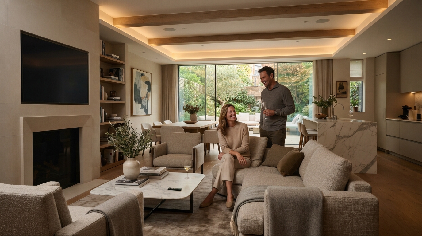 Couple enjoying a warmly lit open-plan living space