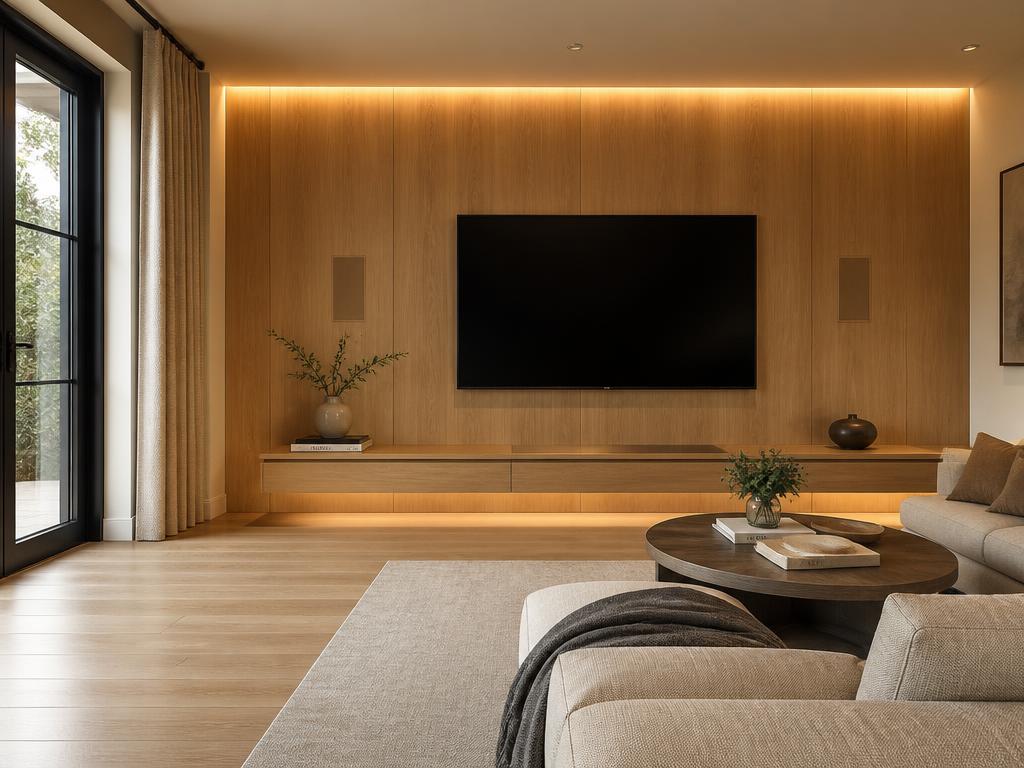 Warm living room with an oak media wall and discreet in-wall speakers